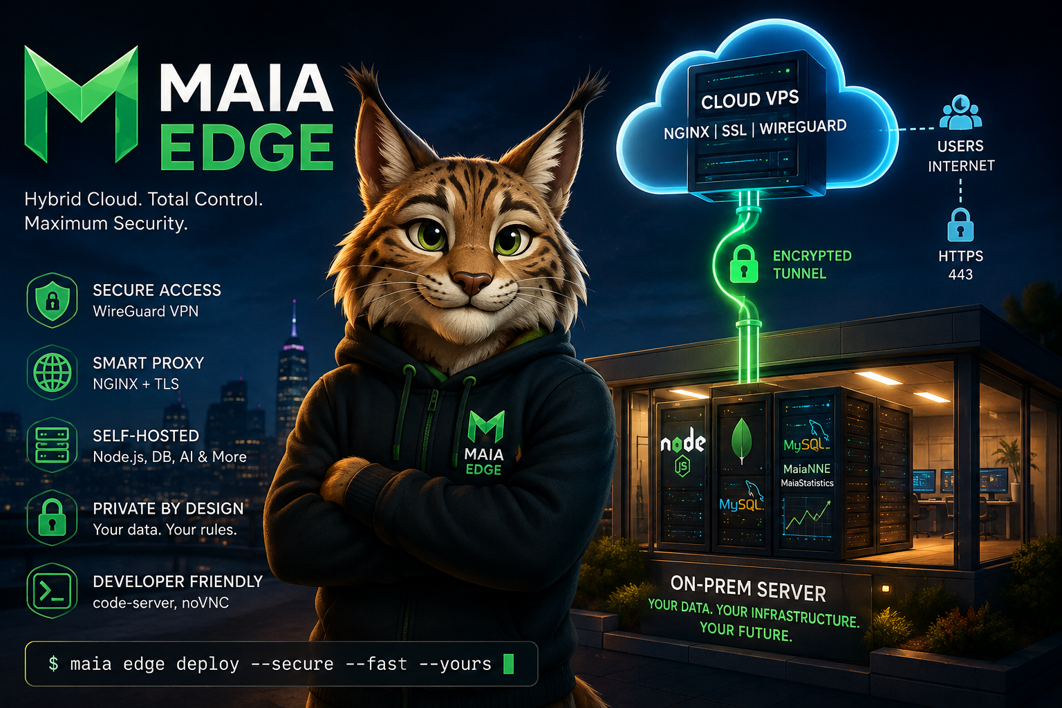 Maia Edge lynx mascot guarding a secure hybrid infrastructure
